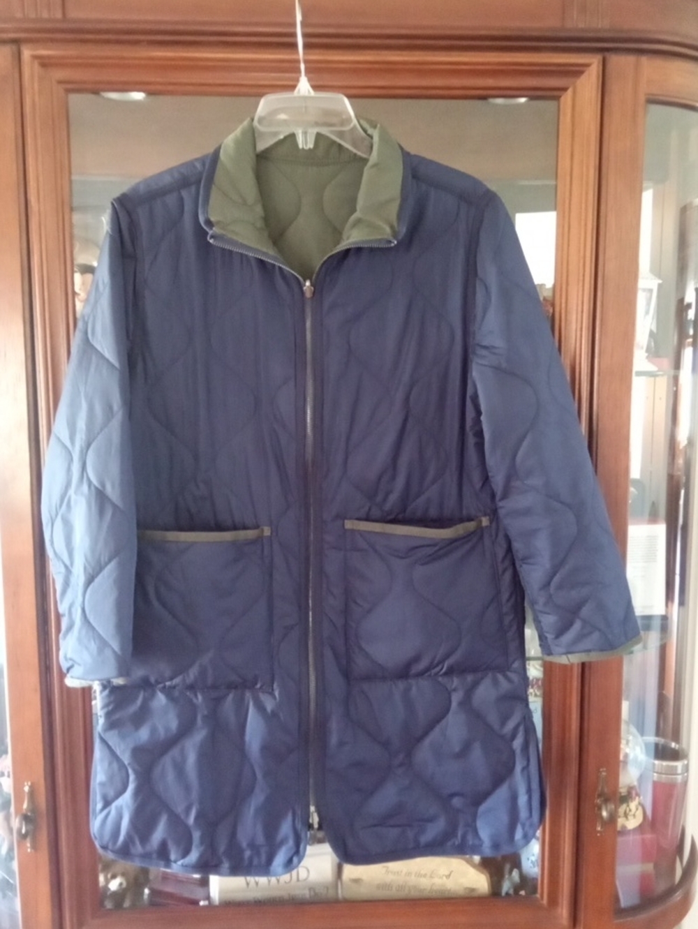 Women's Navy Quilted Puffer Coat with Olive Trim